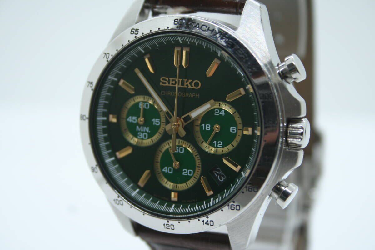 [Б/У] SEIKO Spirit 8T63-00D0 Хронограф Кварцевые Зелено-Золотой Циферблат Мужские Часы 100М Отличное Состояние