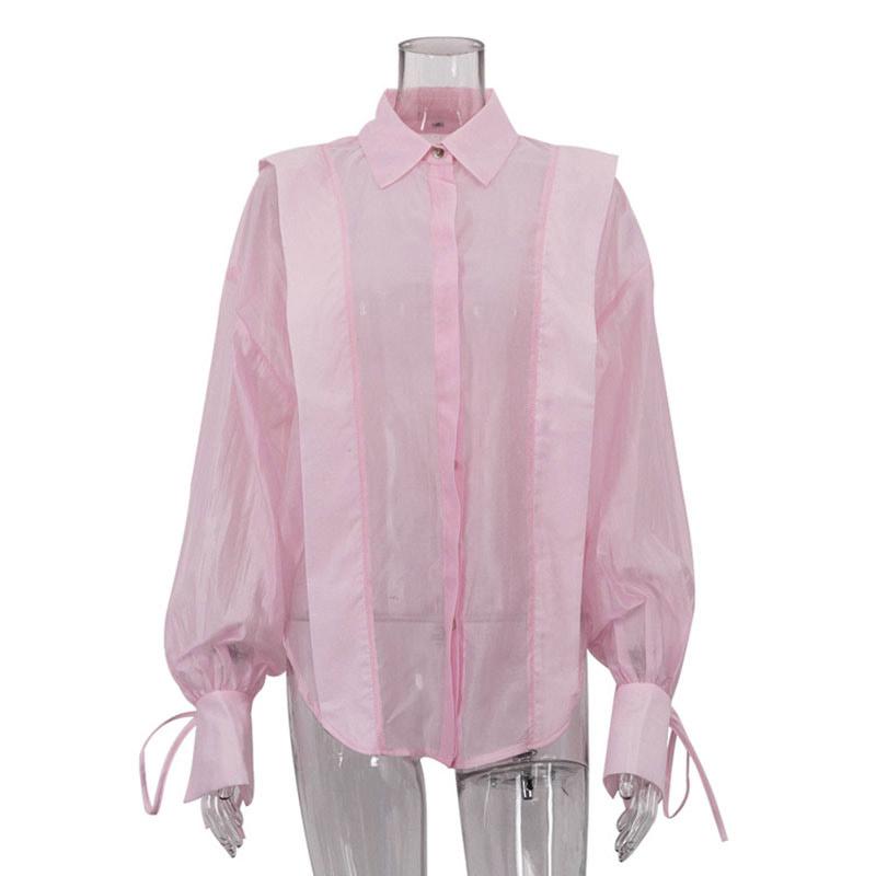 Solid See Through Women Shirt Commut Wear Lapel Long Sleeve Single Button Lace Up Female Blouse 2025 Spring Summer Elegant Office Lady Top