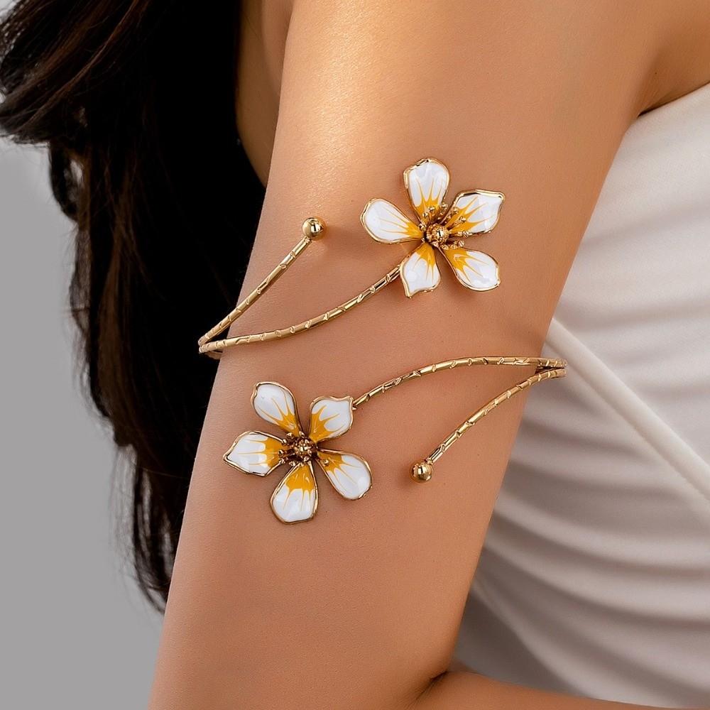 Metal Open Arm Bracelets Enamel Drop Flower Floral Bangle Vintage Open Cuff Bracelets