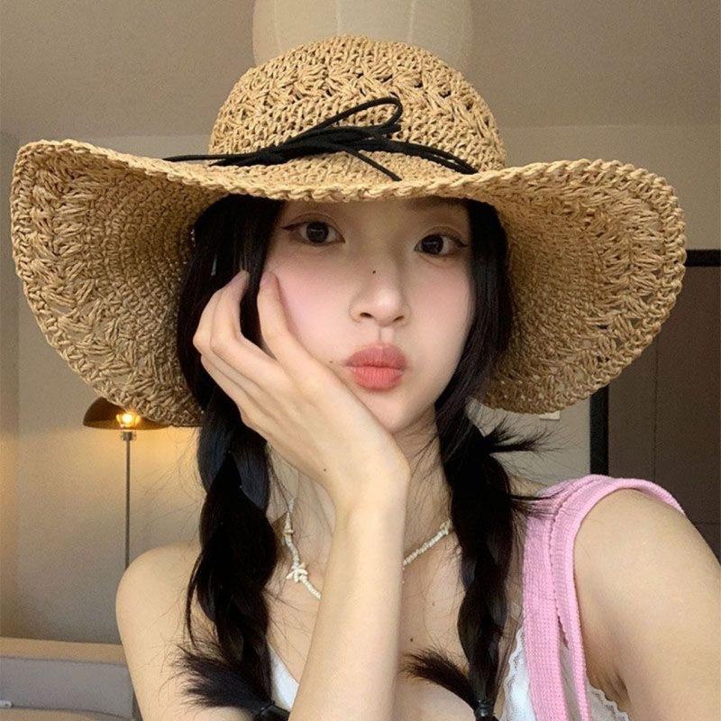Summer new seaside photo big brim fisherman hat colorful dopamine foldable woven sunshade straw hat women