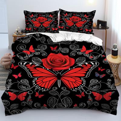 Red Rose Butterfly 3D Printed Quilt Cover Elegant Luxury Style Bedding Set Soft Comfortable Home Textiles Duvet Cover Pillowcase