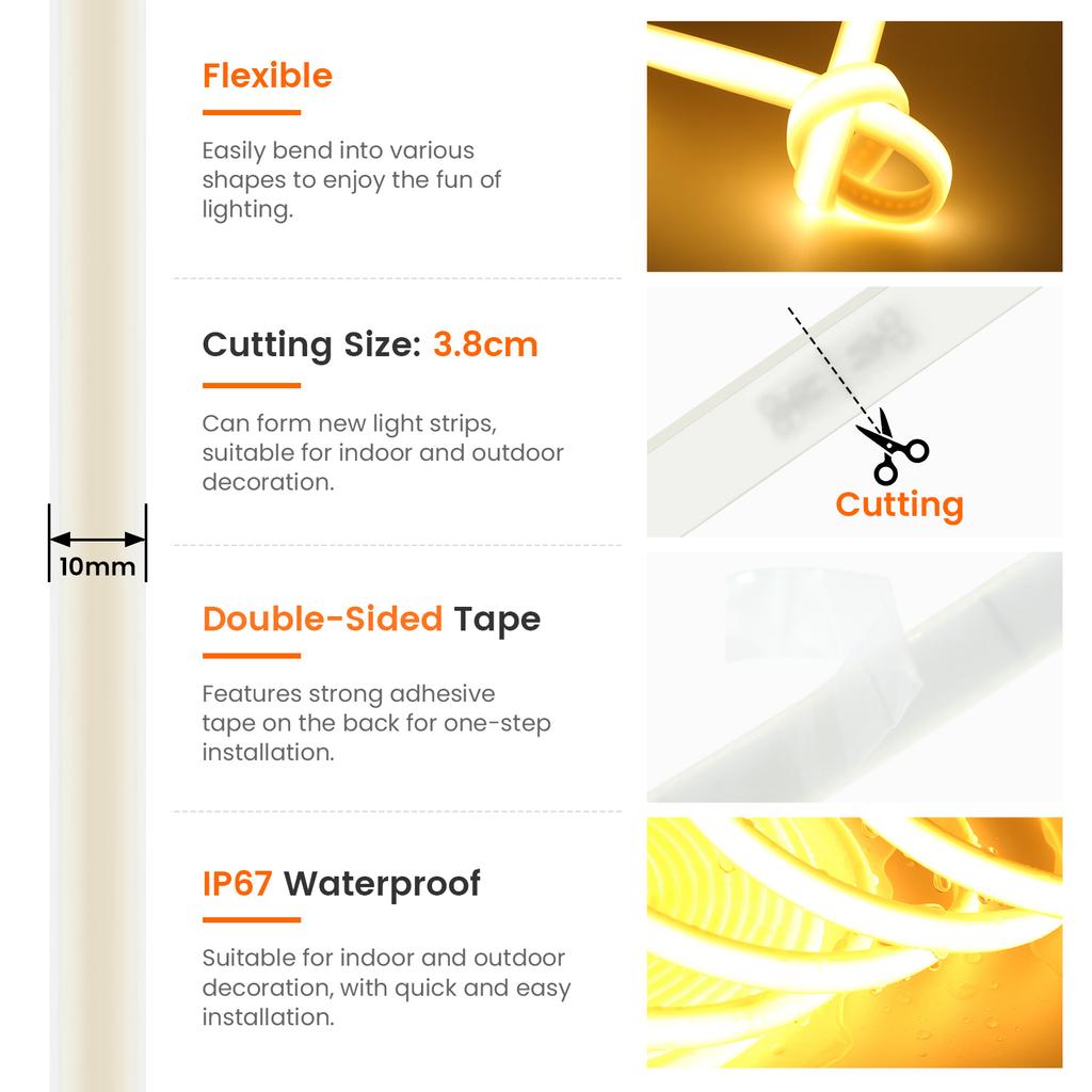 12V 24V COB LED Streifen Flexibles Neonlicht IP67 Wasserdichtes LED Band 320 LEDs Dichte Lineares Licht mit Klebeband