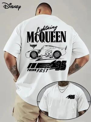 Camiseta Beige Oversize de Manga Corta con Dibujo del Coche de Carreras 95 'Rayo' McQueen de Disney Pixar Cars, Lema "Piensa Rápido" y Número 95 Lightning