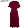 BITCED V-Neck High-Waisted Tie-Detail Dress Solid Color Long-Sleeve Short-Sleeve Dress Vacation Travel Dress
