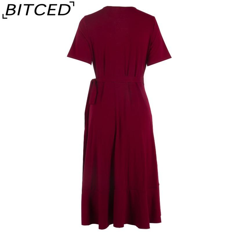 BITCED V-Neck High-Waisted Tie-Detail Dress Solid Color Long-Sleeve Short-Sleeve Dress Vacation Travel Dress
