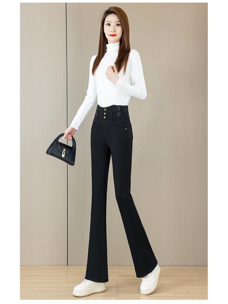 Women's High-Waist Velvet-Lined Denim Flare Pants: Slimming, Elastic, and Warm Nine-Point Style