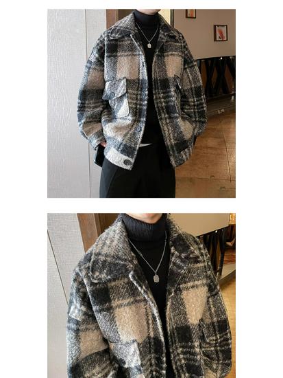 Men's Retro Plaid Wool Coat: Trendy, High-End, Thickened, Warm, Autumn/Winter Casual Jacket