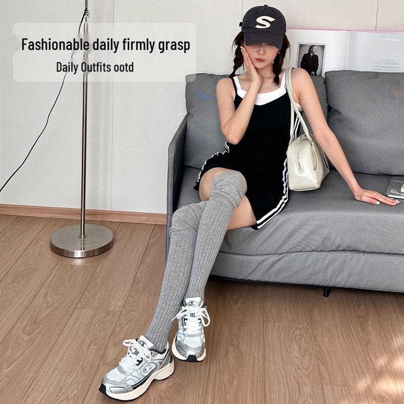 Lazy Style Over-the-Knee Women's Socks: Autumn/Winter White & Grey Scrunch, Thigh-High, Calf Boot Socks, Cotton, Japanese JK Style.