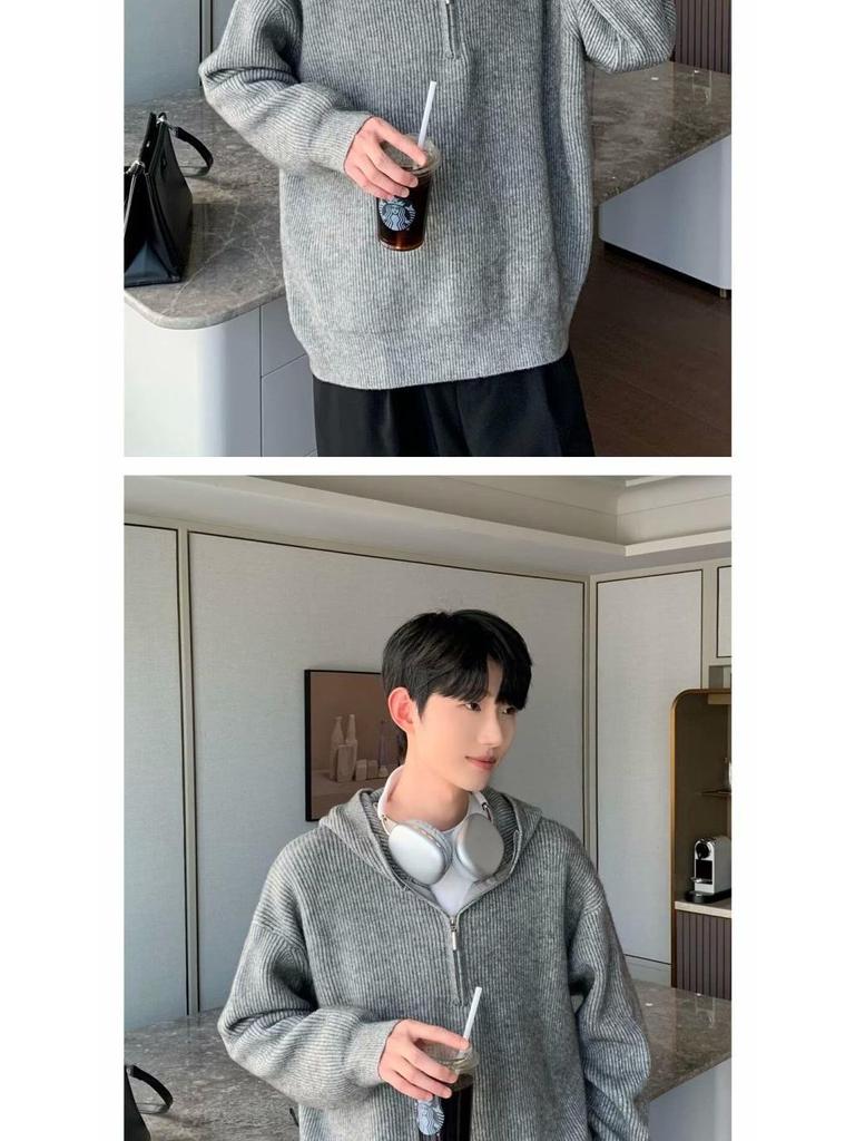 Men's Retro Half-Zip Loose Knitted Hoodie (Autumn/Winter Collection)