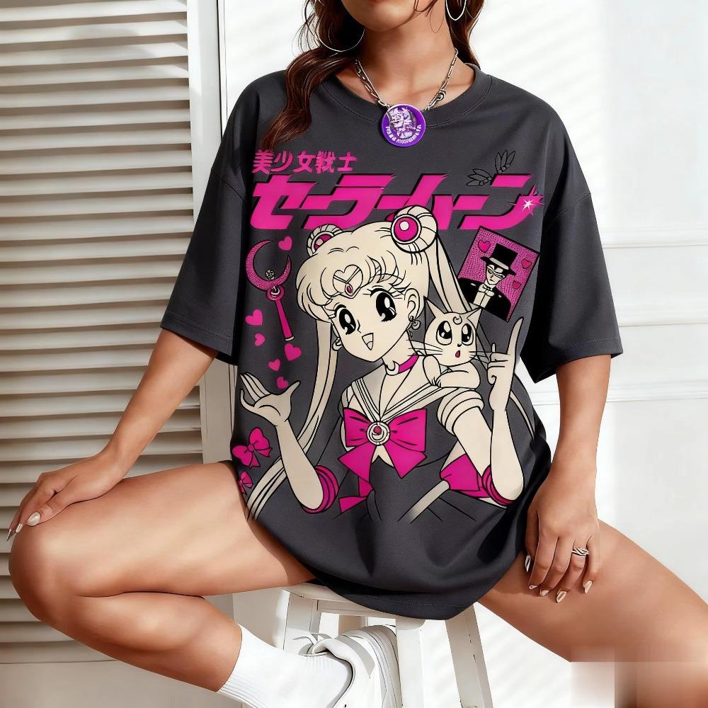 Sailor Moon Anime Print Women Unisex Tshirt Cartoon Short Sleeve Tee Kawaii Summer Oversized Casual Streetwear Cotton