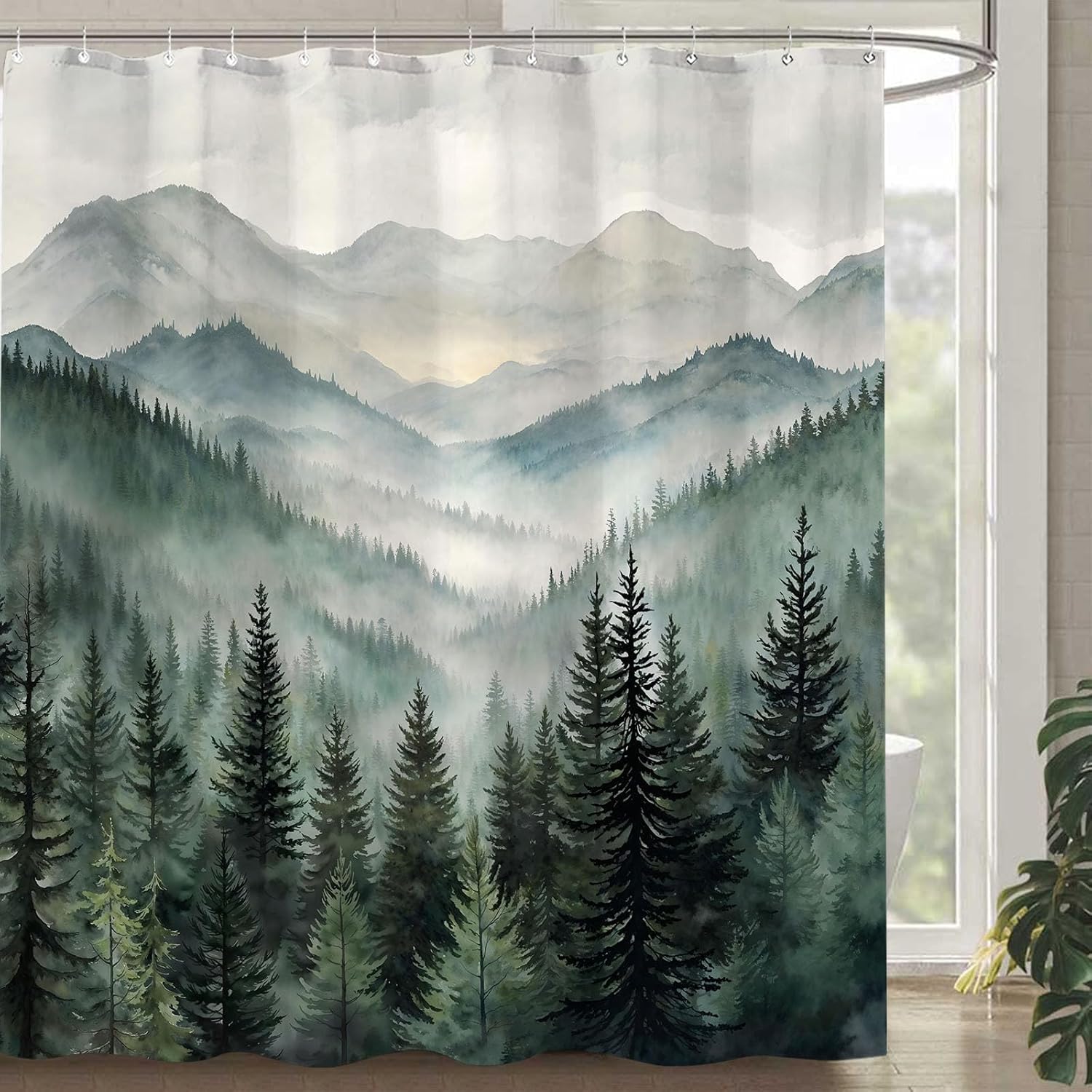 

Forest Mountain Shower Curtain Green Trees Mist Landscape Nature Art Bath Decor Waterproof Fabric Minimalist Design Home 90x180cm35x71in