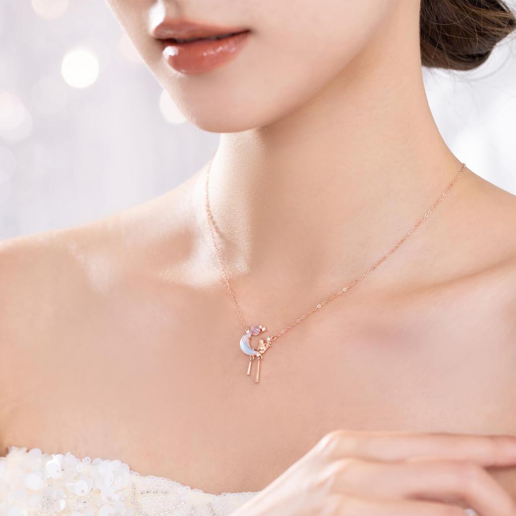 Necklace Cat Motif Stone Luxury Zirconia Pink Gold Finish 925 Silver Metal Allergy Friendly Day Popular "Silver Thunder" Women's Birthstone/Natural