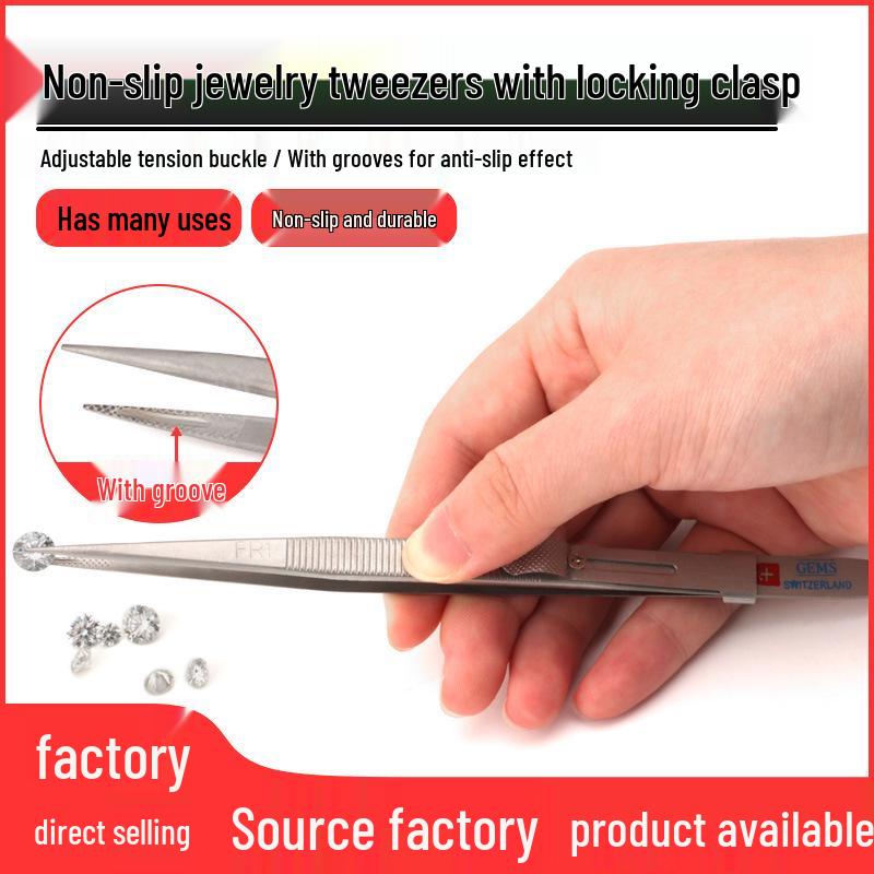 Stainless Steel Non-slip Fine Pointed Jewelry Tweezers with Locking Grooved Clip Tool