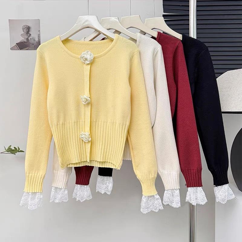 French Floral Lace Patchwork Waist Slimming Versatile Base Layer Knit Top Cropped Sweater Women
