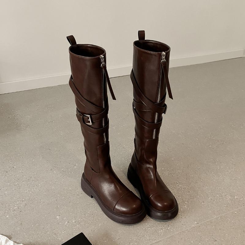 Cowhide version~ platform boots women's knight boots retro fold autumn and winter Maillard locomotive boots