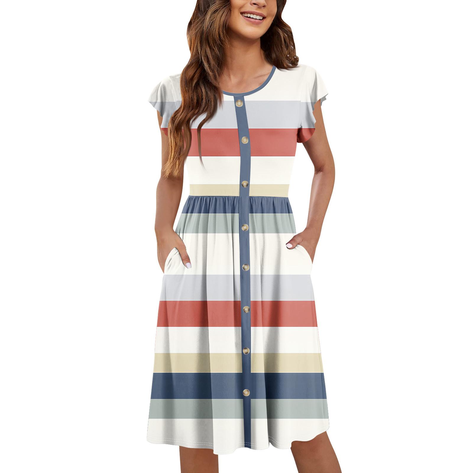 

Женские летние платья с круглым вырезом и рукавами-крылышками, повседневные свободные платья-миди с карманами на пуговицах и принтом XL