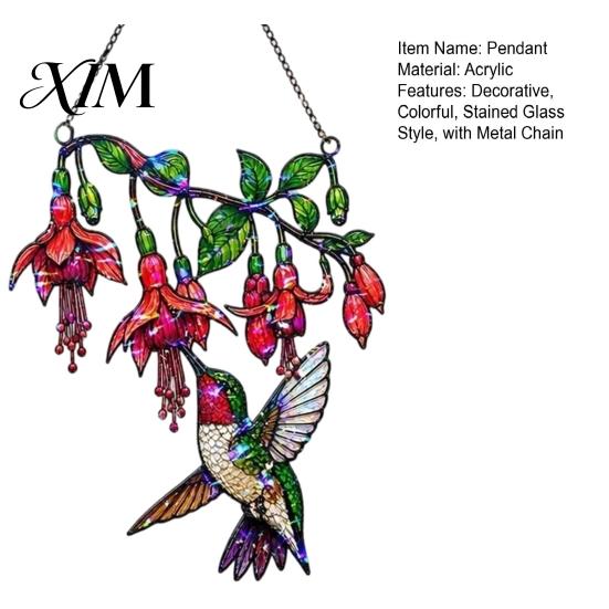 Decorative Gift for Gardening Enthusiasts Hummingbird Window Hanging Pendant, Acrylic Stained Glass Style Suncatcher Home Garden Balcony Decoration,
