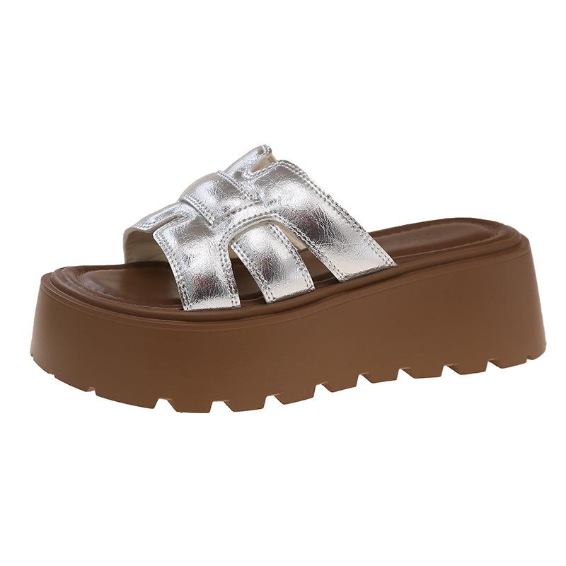 Summer new thick-soled silver one-word slippers women's fashion casual beach women's shoes