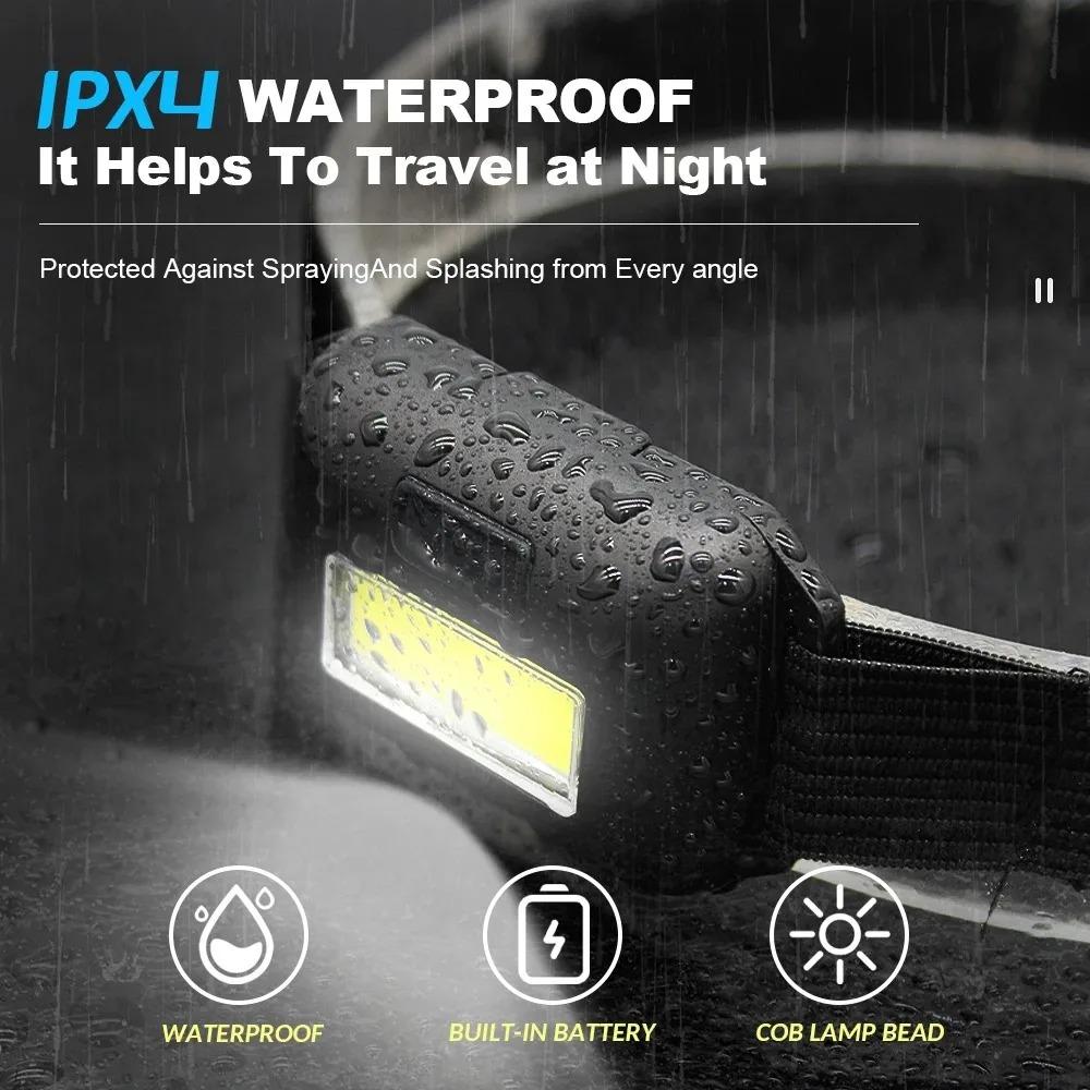 Outdoor COB Mini Headlight 3 Modes LED Night Riding Waterproof Battery Flashlight Headlight Torch Lantern Camping Night Fishing