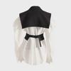 2025 Spring Korean Slim Puff Sleeve White Shirt & Waist Strap Vest Set