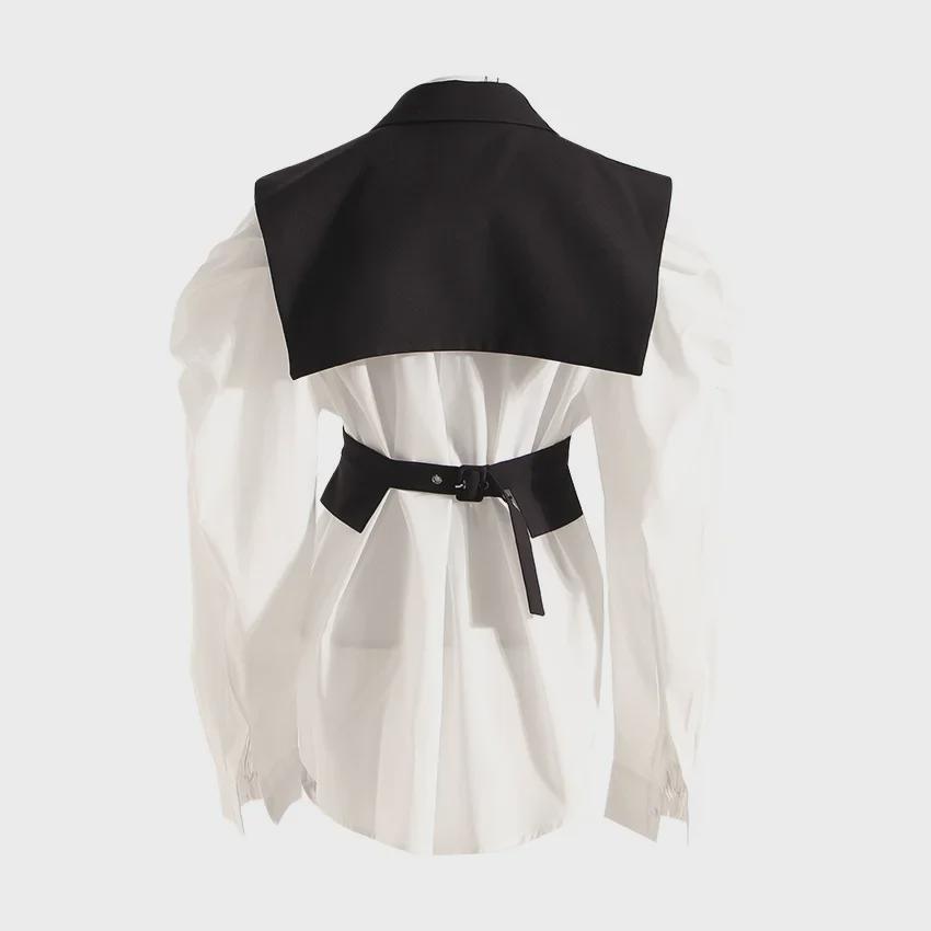 2025 Spring Korean Slim Puff Sleeve White Shirt & Waist Strap Vest Set
