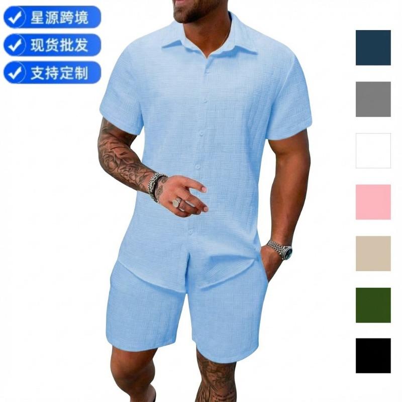 Herren Casual Unifarben Jacquard Kurzarmhemd und Shorts Zweiteiliges Urlaubsset
