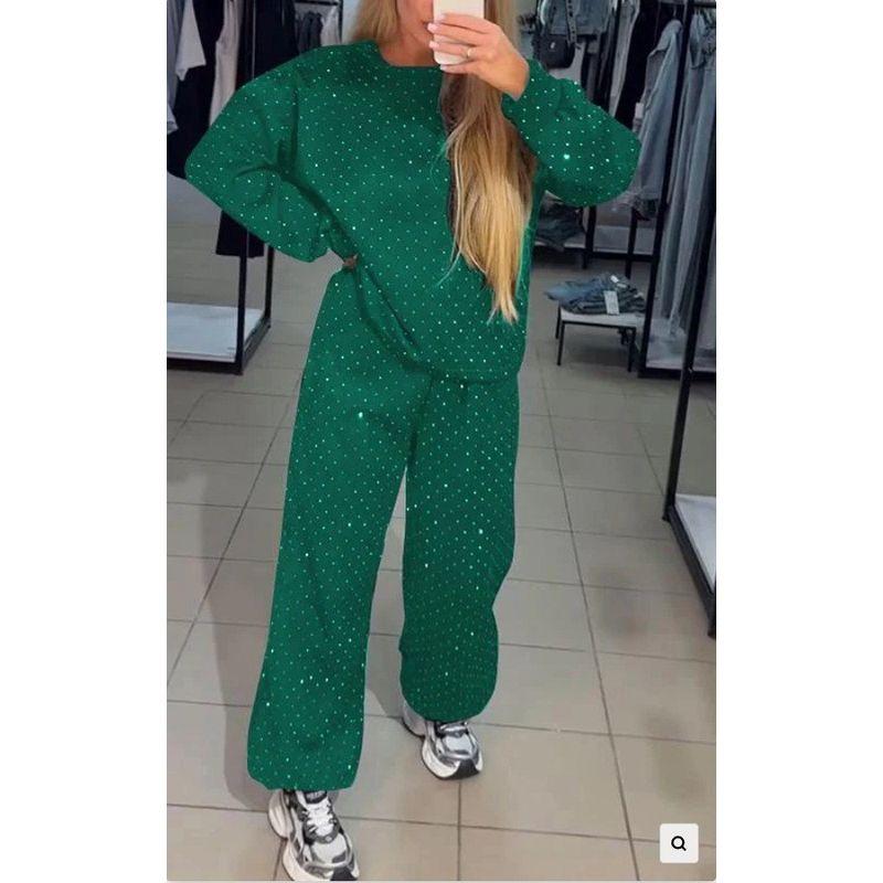 2025 Cross-Border Autumn and Winter Women clothes Casual round Neck Long sleeve Hoodie Full Body Hot Drilling Drawstring Ankle-Tied Trousers Set Suit