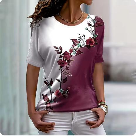 2024 New Women's T-Shirt Fashion Crew Neck Flower Printing Casual Daily Women's Top Summer Trend Loose