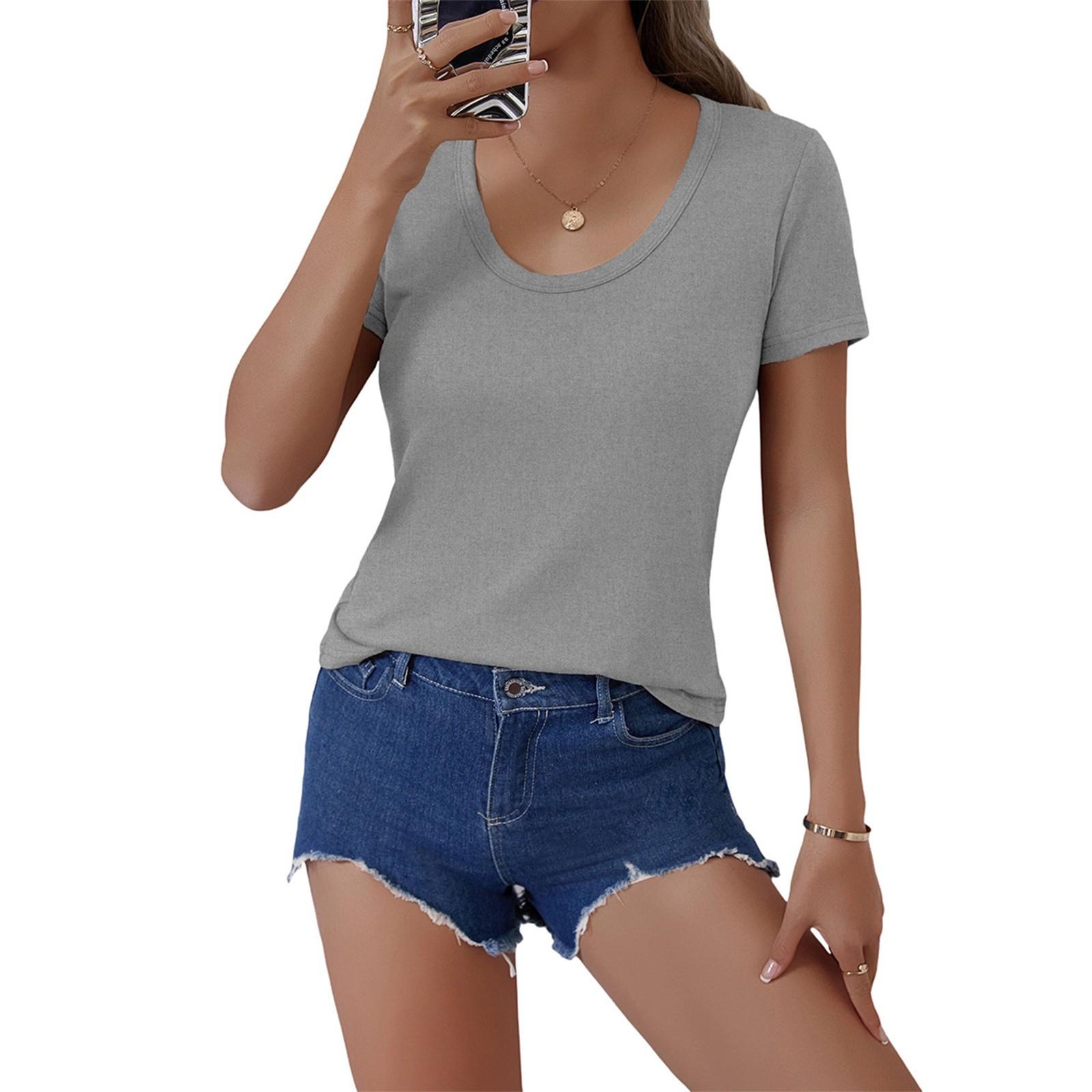 

Женская мода однотонный U-образный вырез с короткими рукавами пуловер повседневная футболка топ L