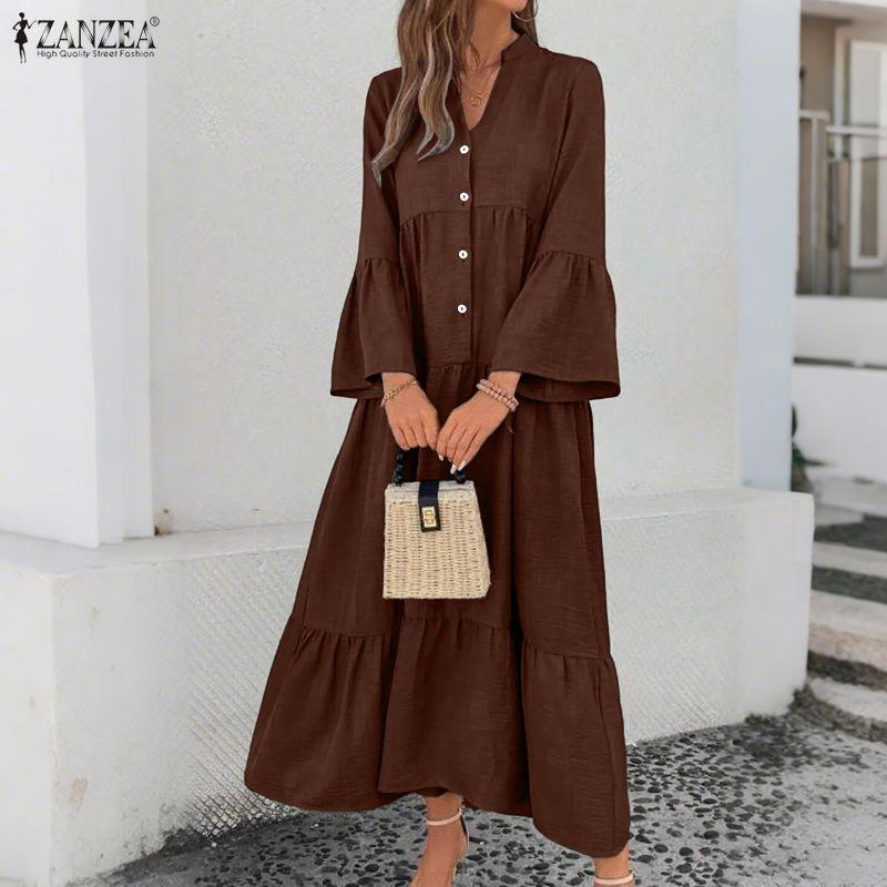 ZANZEA Rochie Casual de Vacanță pentru Femei cu Decolteu în V, Largă, cu Mâneci Lungi Cloș