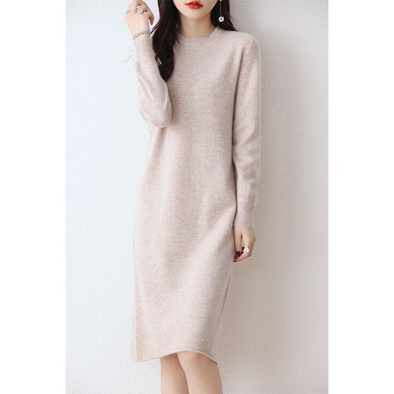 

Женское вязаное миди-платье из 100% шерсти: Круглый вырез, Приталенный крой, Стиль осень/зима XL (125-135 jin)