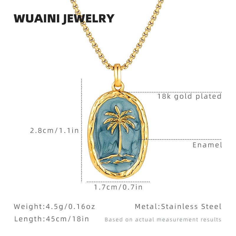 Meier Wind coconut tree oval pendant necklace women s titanium steel classy sense dripping oil enamel clavicle chain