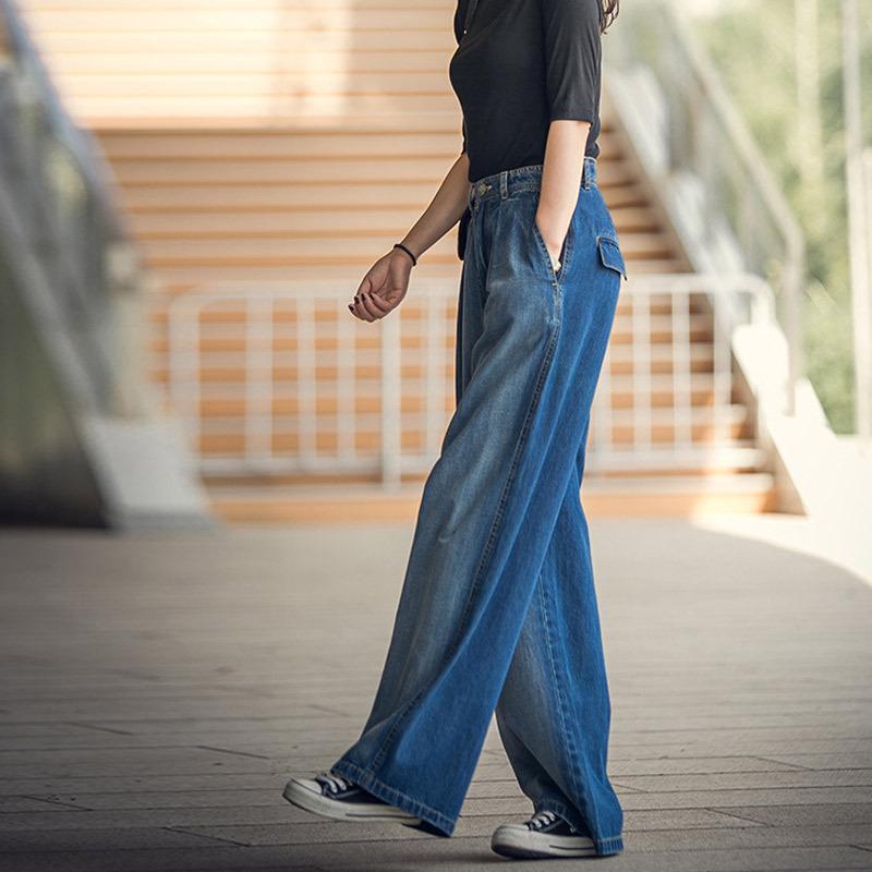 Women's High-Waisted Wide-Leg Jeans: Floor-Length, Heavy-Duty Wash, Contrasting Colors, Straight Leg, Leg-Elongating, Loose Fit, Style 3025