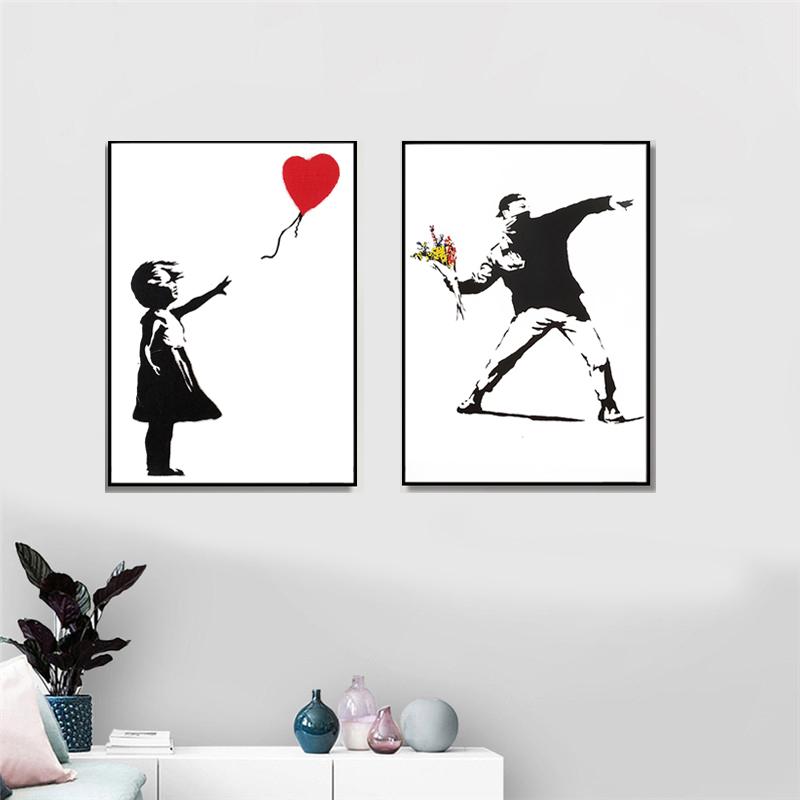 Banksy Graffiti Artwork Canvas Painting Girl With Red Balloon Poster Black White Abstract Wall Pictures for Nordic Home Decor