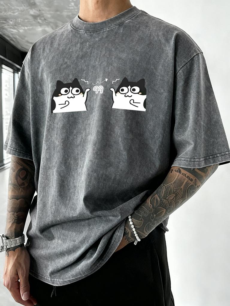 Cute Cartoon Cats Print Men Washed TShirts Cotton Vacation T Shirt Loose Soft Short Sleeves Summer Crewneck Man Streetwear