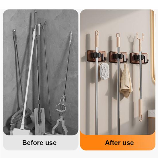 Mop And Broom Holder Heavy Duty Broom Storage Rack Wood Mop Organizer Self Adhesive Mop And Broom Hanging Rack for Bathroom Balcony Cleaning Tools