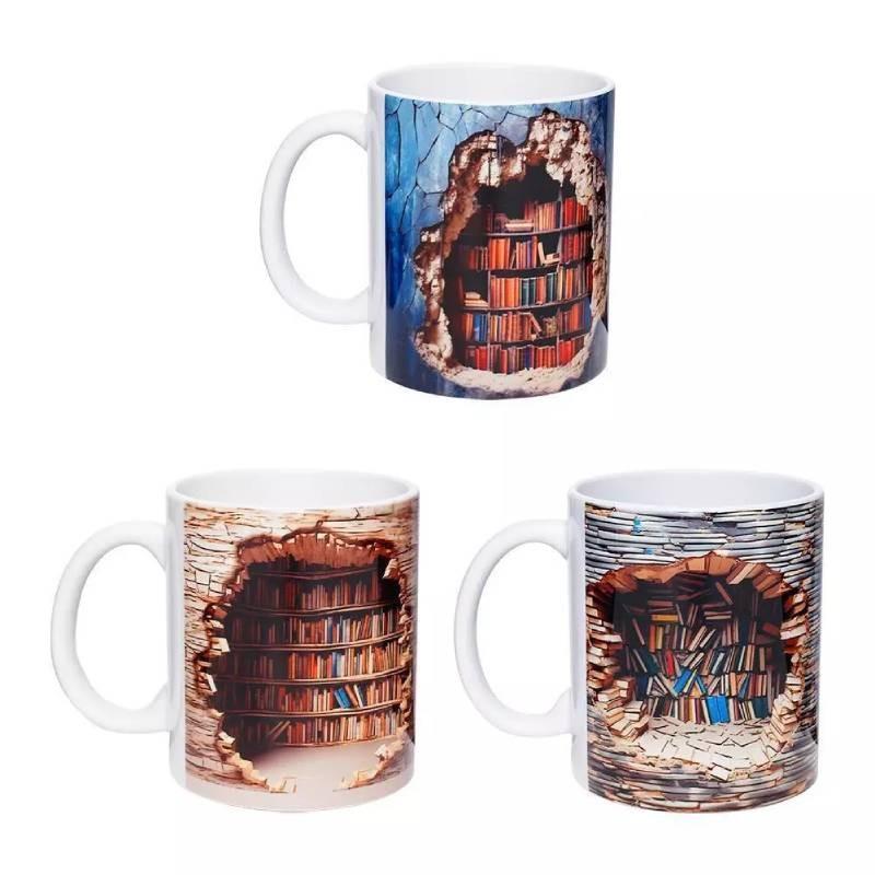 Library 3d Bookshelf Pattern Mug Old Book Water Cup Drinking Ceramic Cups Gift