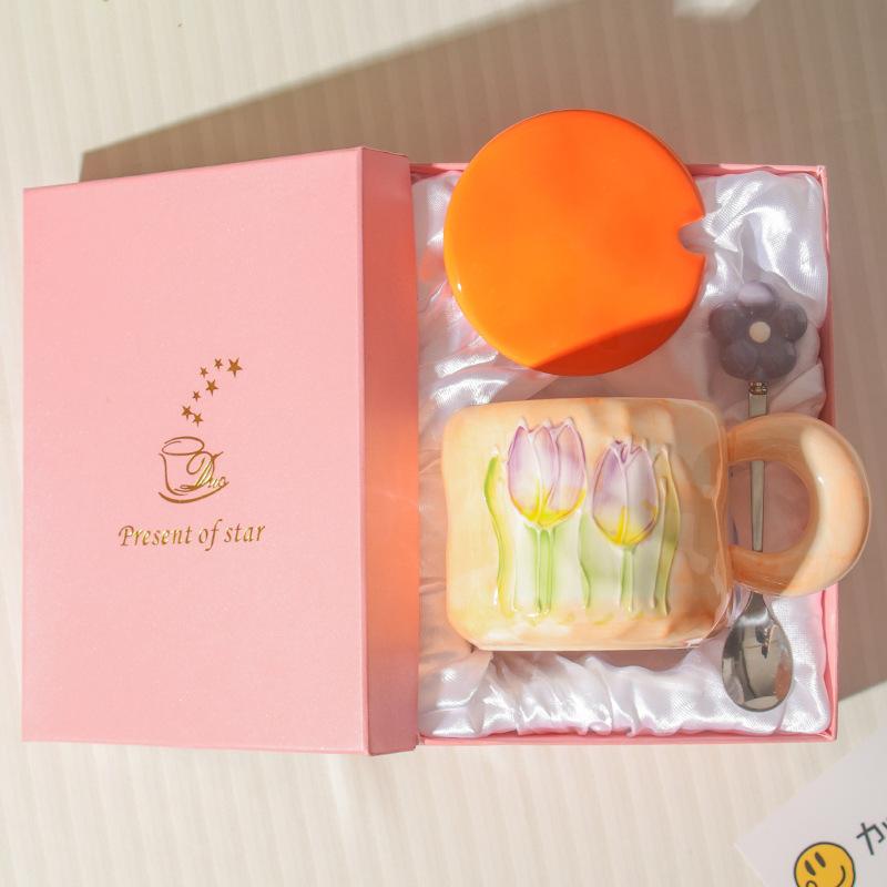 High Value Ins Style Tulip Cup for Girls Cute Ceramic Mug with Lid Spoon Couple Home Coffee Cup