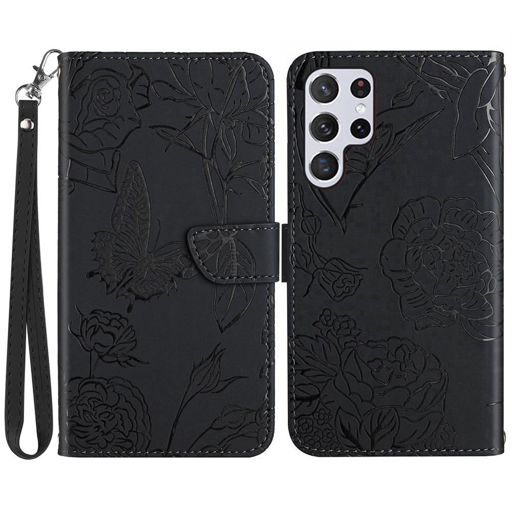 HT03 For Samsung Galaxy S25 Ultra Case Butterfly Flower Imprint Leather Phone Cover with Strap