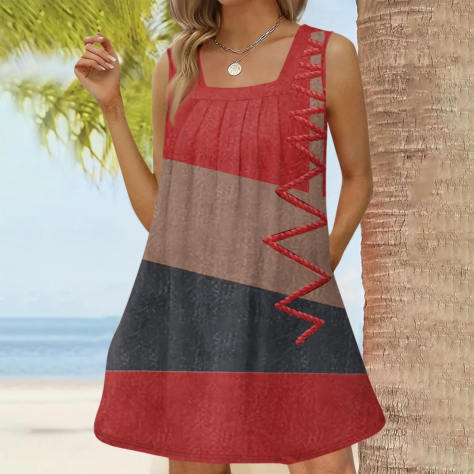 

Женское модное повседневное платье без рукавов с квадратным вырезом, плиссированное платье-майка, пляжные платья с принтом M киноварь