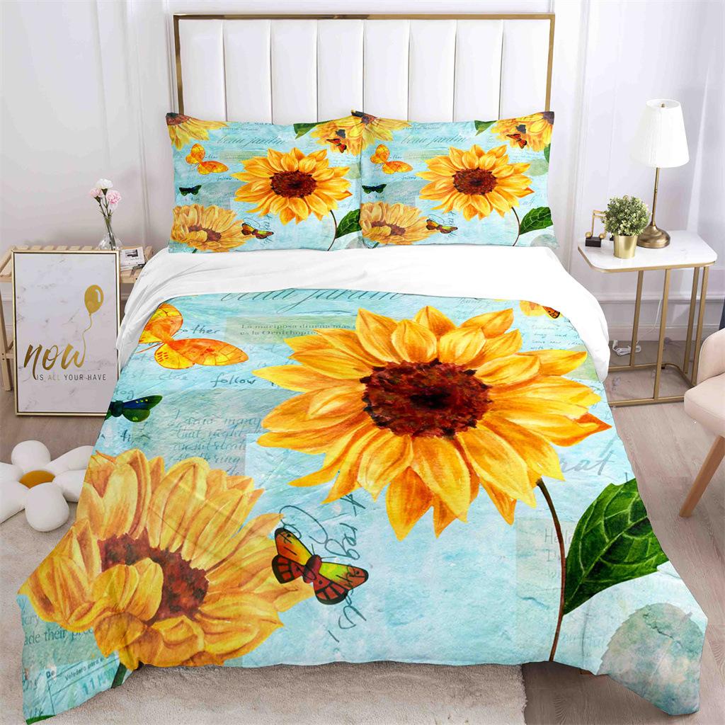 Sunflower Duvet Cover Set Yellow Flowers Green Leaves Cloud Tree King Queen Full Size for Boys Girls Teens Polyester Bedding Set