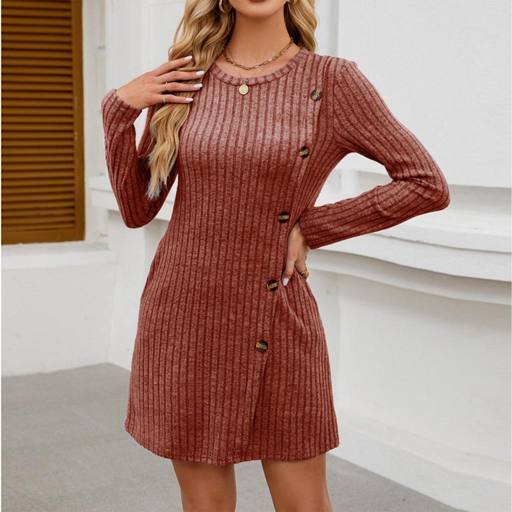 Damenmode Farbe Rundhals Seitlicher Knopf Tasche Langarm Locker Kleid