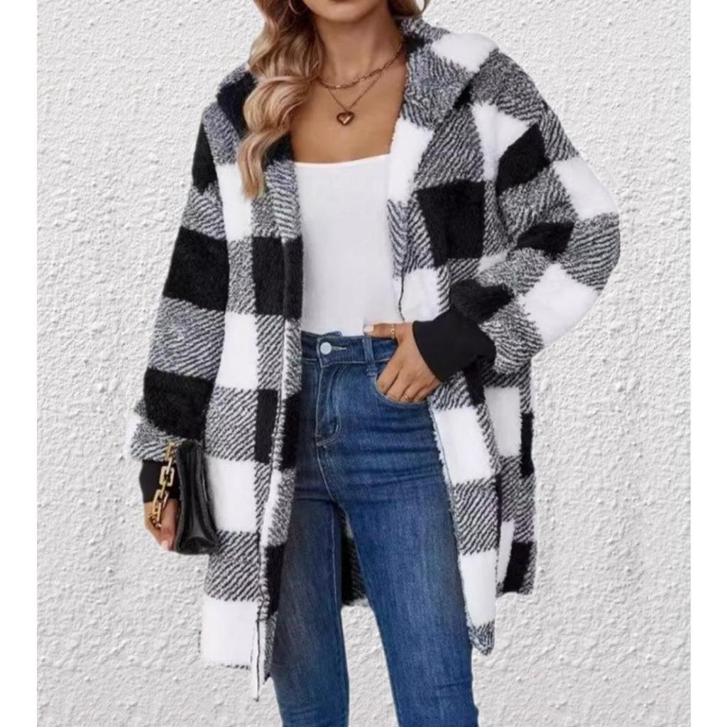 Damen Herbst- und Winter Kapuzen-Plaid Warmes Oberteil, Mittellange Plüsch-Cardigan-Jacke