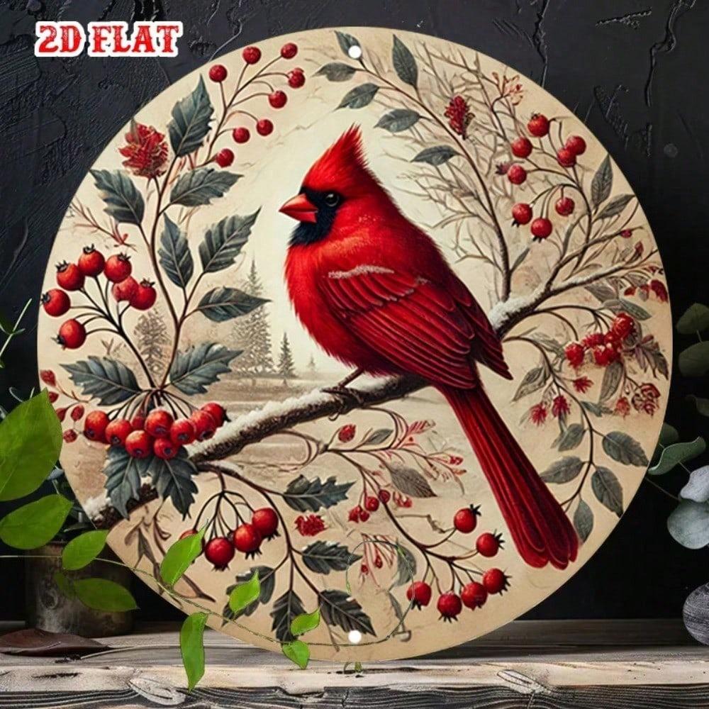 Vintage Winter Metal Tin Sign 7.8x7.8 Inch Rustic Wall Decor Cardinal Birds Snowy Branches German Quote