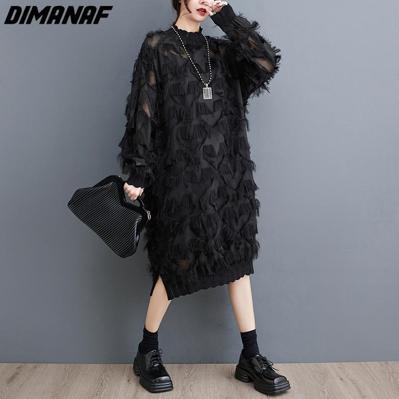 DIMANAF Plus Size Ženy 2023 Nové šaty v letnom štýle Kvetinové voľné šaty s dlhým rukávom do O s výstrihom Basic Black Nové