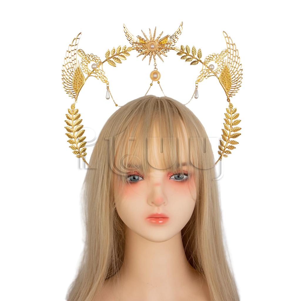 Lolita Angel Wings Gold Sun Leaves Spiked Sunburst Halo Crown Headpiece Goth Crystal Pearl Pendant Holy Crown Bride Wedding Gift