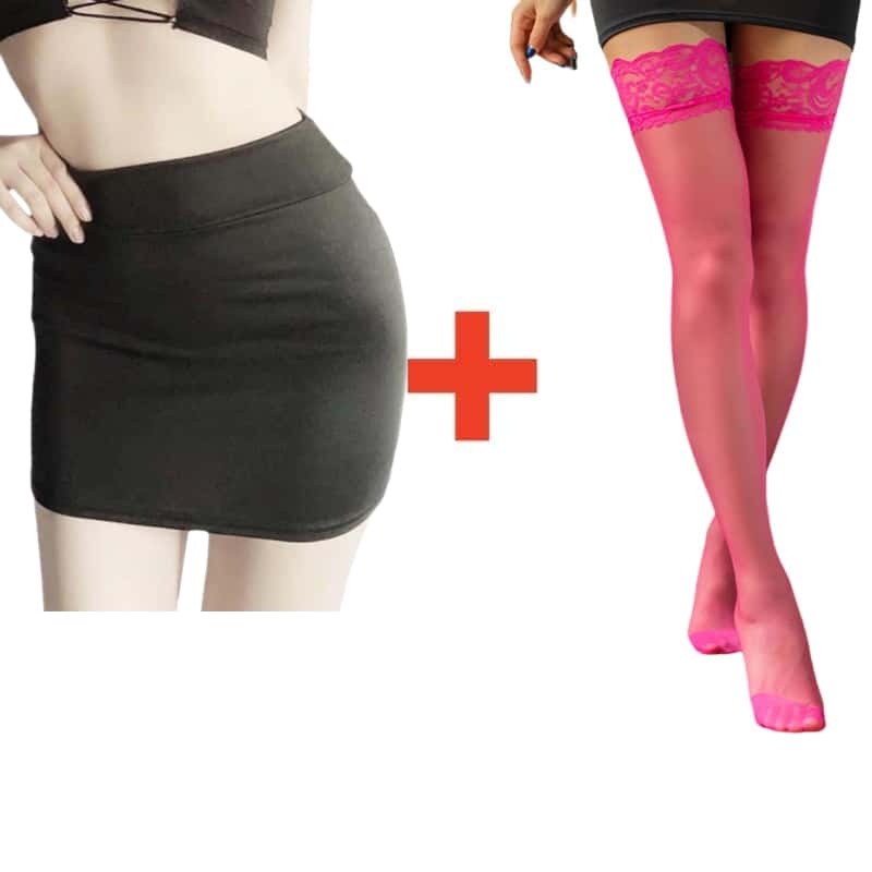 2PCS/SET Women High Waist Pencil Mini Skirts+Stockings Dress Set,Sexy Casual Wrap Hips Black Short Skirt and Pantyhose