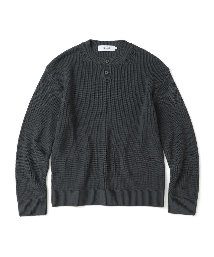KNITTED Cotton Henley Neck Waffle Knit Charcoal