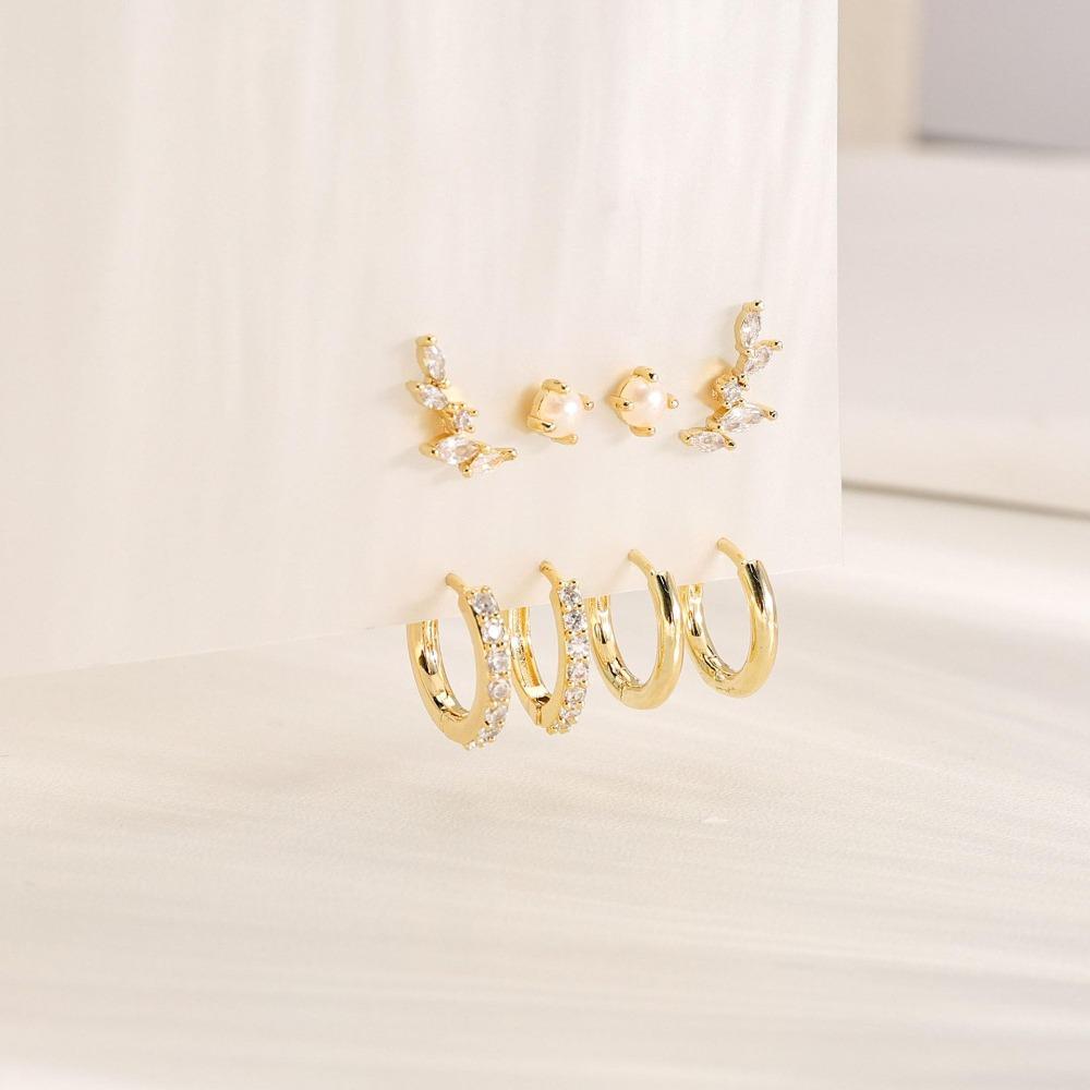 4pcs Set Charm Stainless Steel Ear of Wheat Inlay Zircon Imitation Pearl Tassel Hoop Earrings Ear Bone Nail for Women Jewelry