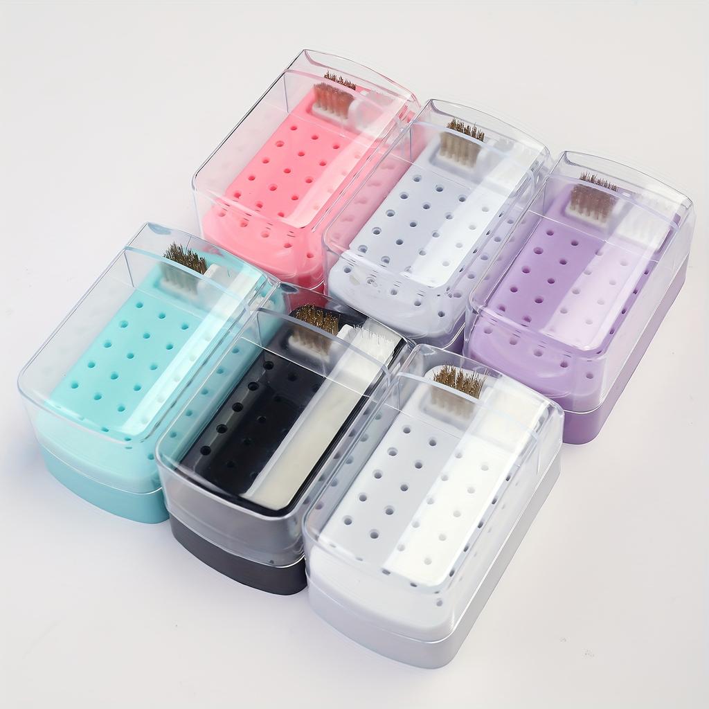 2-in-1 Detachable Nail Polish Head Storage Box with 30 Holes - Clear Organizer for Polishing Drills, Includes Cleaning Brush